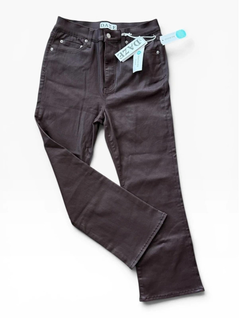 NWT Daze Denim Shy Girl High Rise Coated Flare Jeans - Espresso Brown / 30